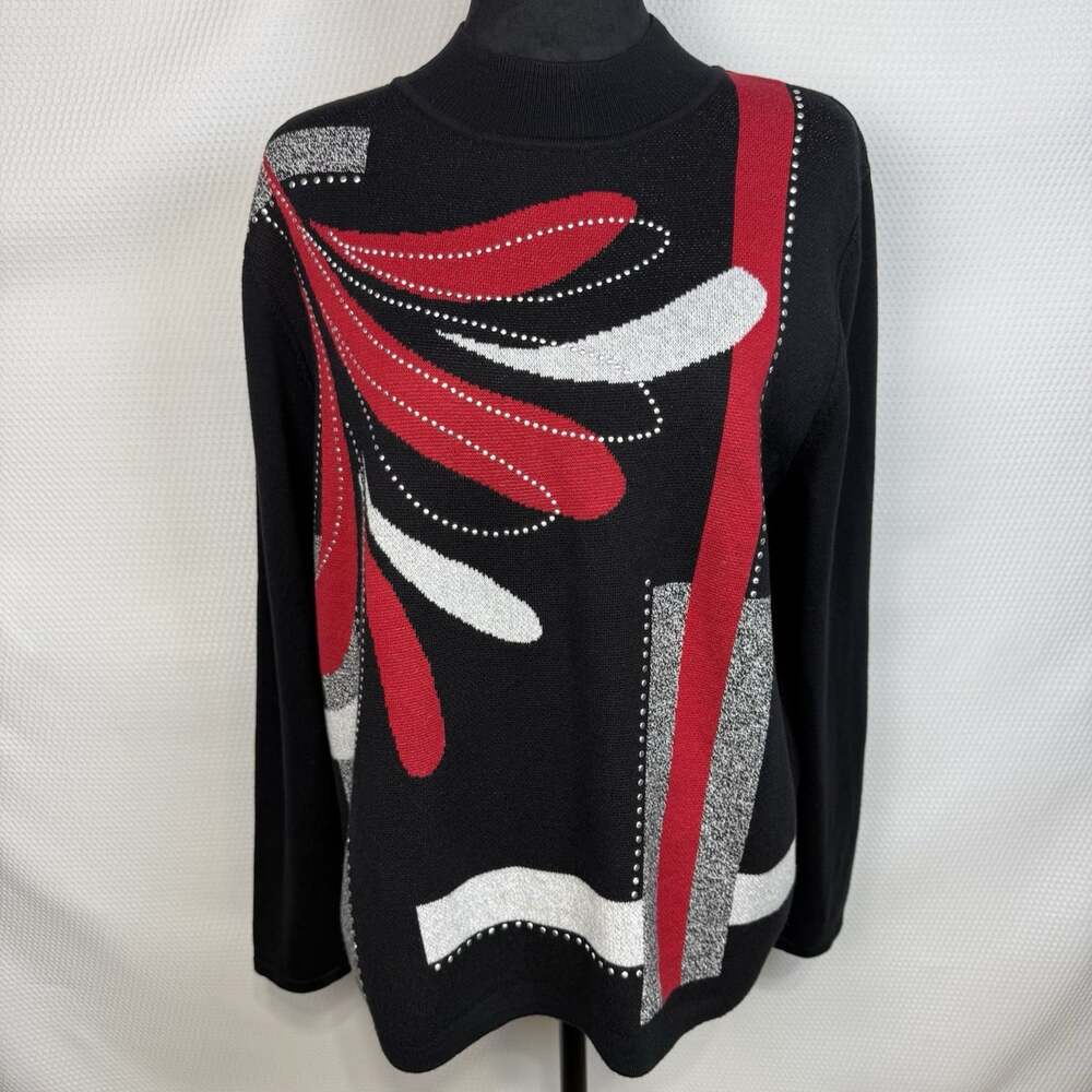 Alfred Dunner Medium Black Red White Graphic Mock Neck Pullover Sweater